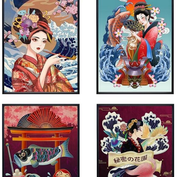 Japanese Art Prints Unframed Lot of 4 Colorful Heavy Canvas 12" X 16" Cryuwox - Picture 11 of 11